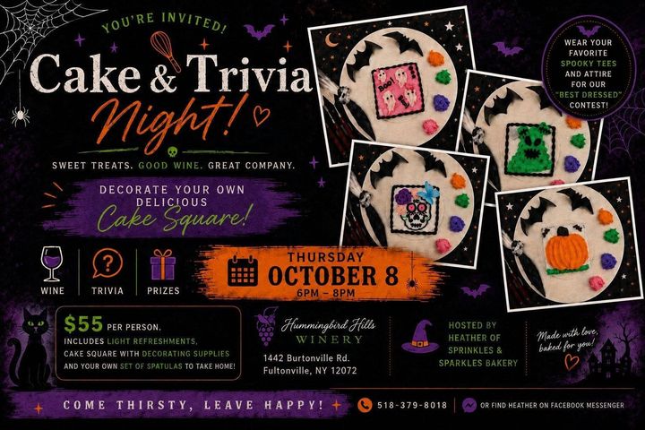 Flyer for Halloween Cake and Trivia Night at Hummingbird Hills Winery, Thursday October 8