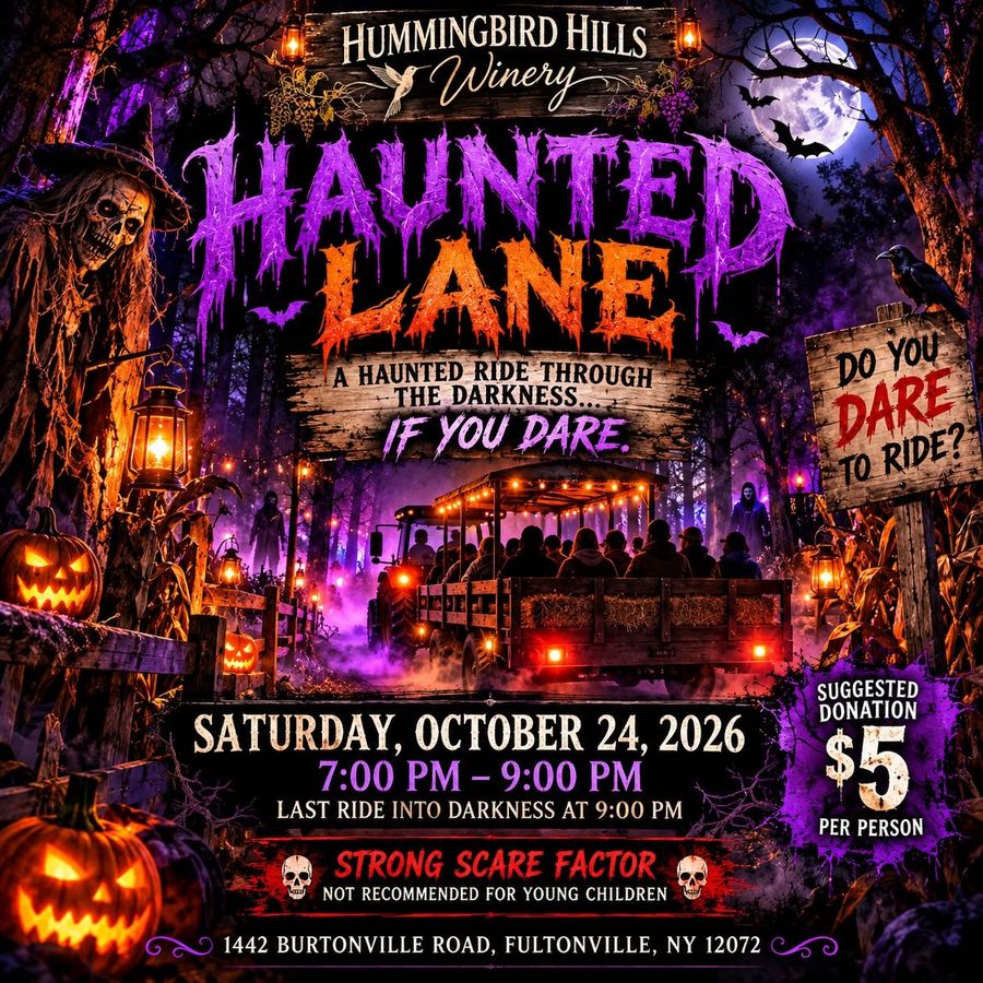 Flyer for the Hummingbird Hills Haunted Lane ride, Saturday October 24 2026, 7 to 9 PM