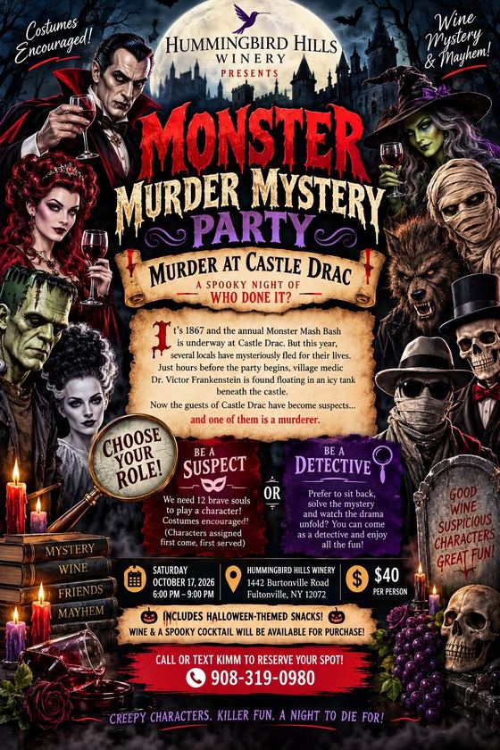 Flyer for the Monster Murder Mystery Party, Murder at Castle Drac, at Hummingbird Hills Winery, October 17