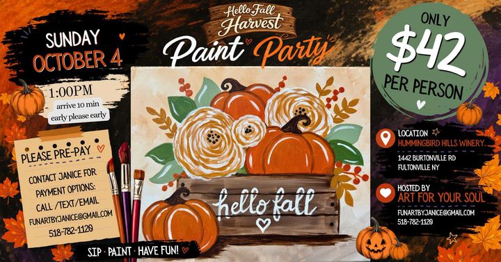 Flyer for the Hello Fall Harvest Paint Party at Hummingbird Hills Winery, Sunday October 4