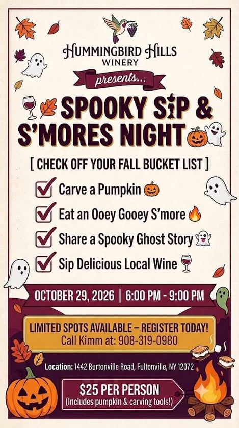 Flyer for Spooky Sip and S'mores Night at Hummingbird Hills Winery, October 29