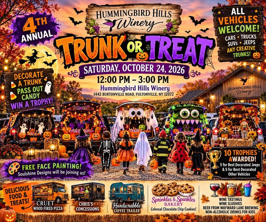 Flyer for the 4th annual Hummingbird Hills Winery Trunk or Treat, Saturday October 24 2026, 12 to 3 PM