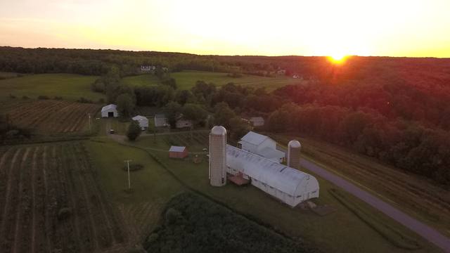 The farm and vineyard from the air at sunset